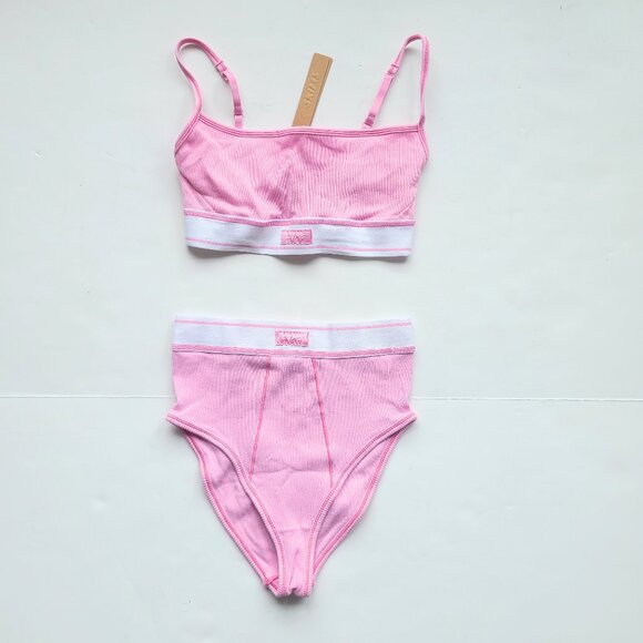 Skims Cotton Rib Scoop Bralette & Cotton Rib High Waisted Briefs Bubble Gum Pink - Picture 2 of 12